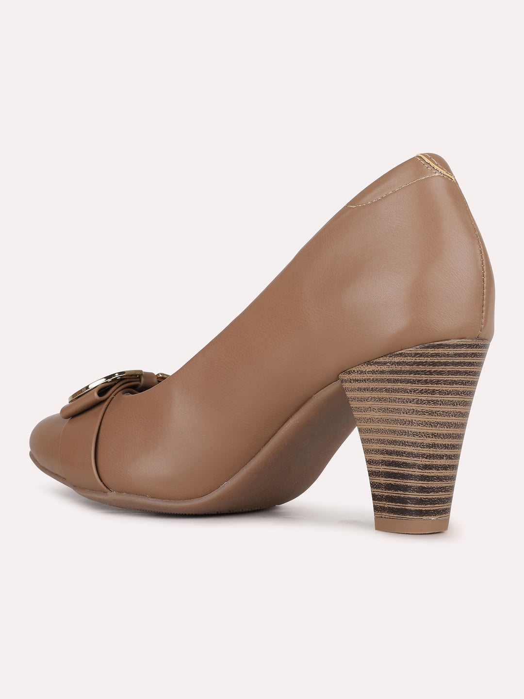 Women Beige Party Wear Solid Round Toe Pumps