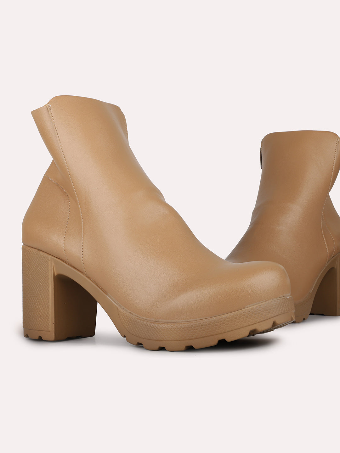 Womens Beige Party Wear Solid Round Toe Ankle Boots