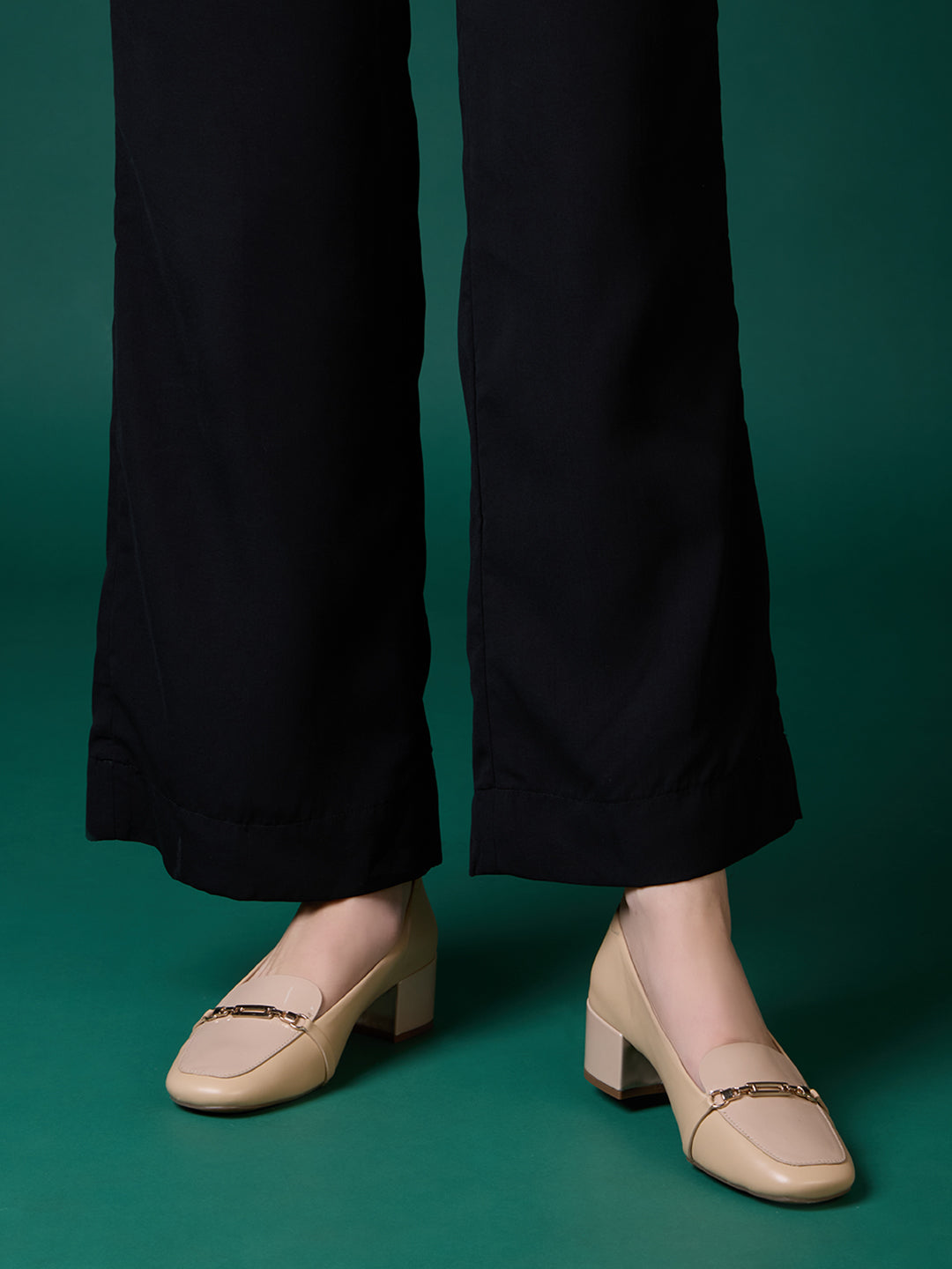 Women Beige Party Wear Solid Round Toe Block Heel Pump