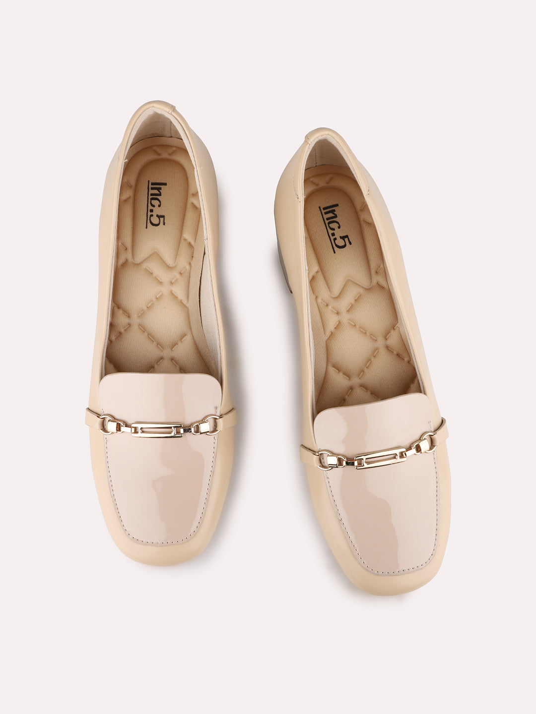 Women Beige Party Wear Solid Round Toe Block Heel Pump