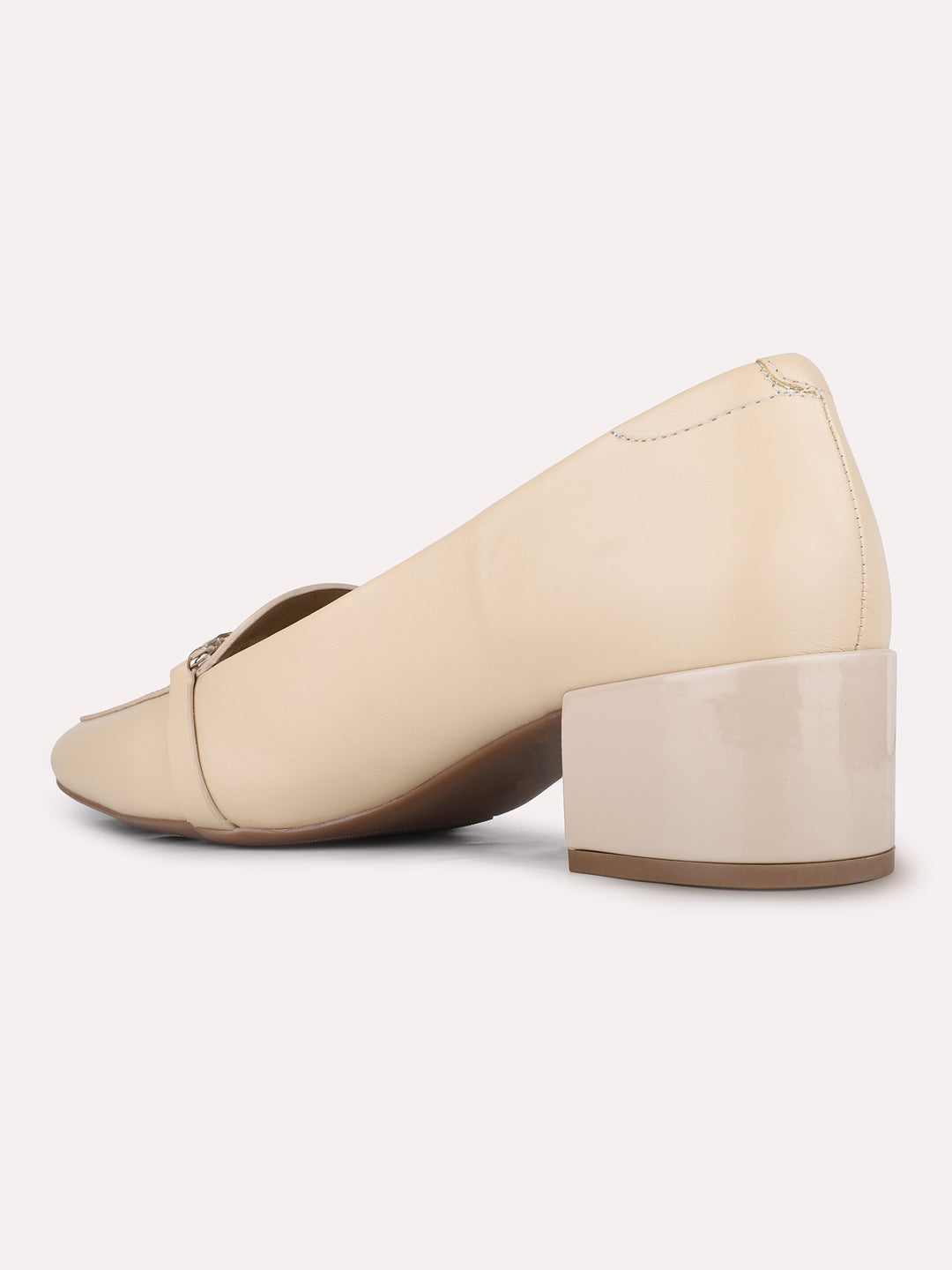 Women Beige Party Wear Solid Round Toe Block Heel Pump