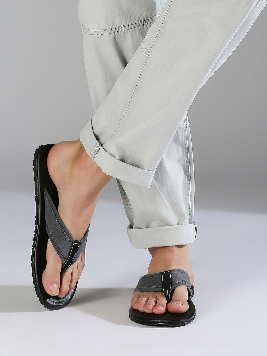 Privo Denim Grey T-strap Casual Sandals For Men