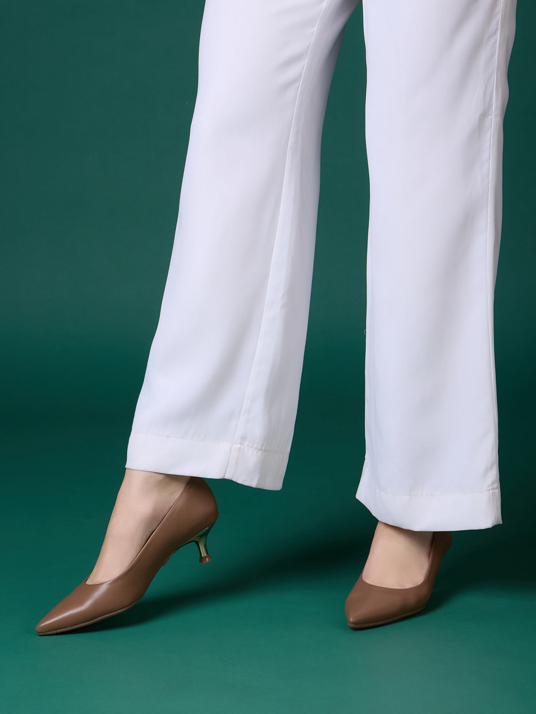 Women Beige Party Wear Solid Pattern Pointed Toe Kitten Heel Pumps