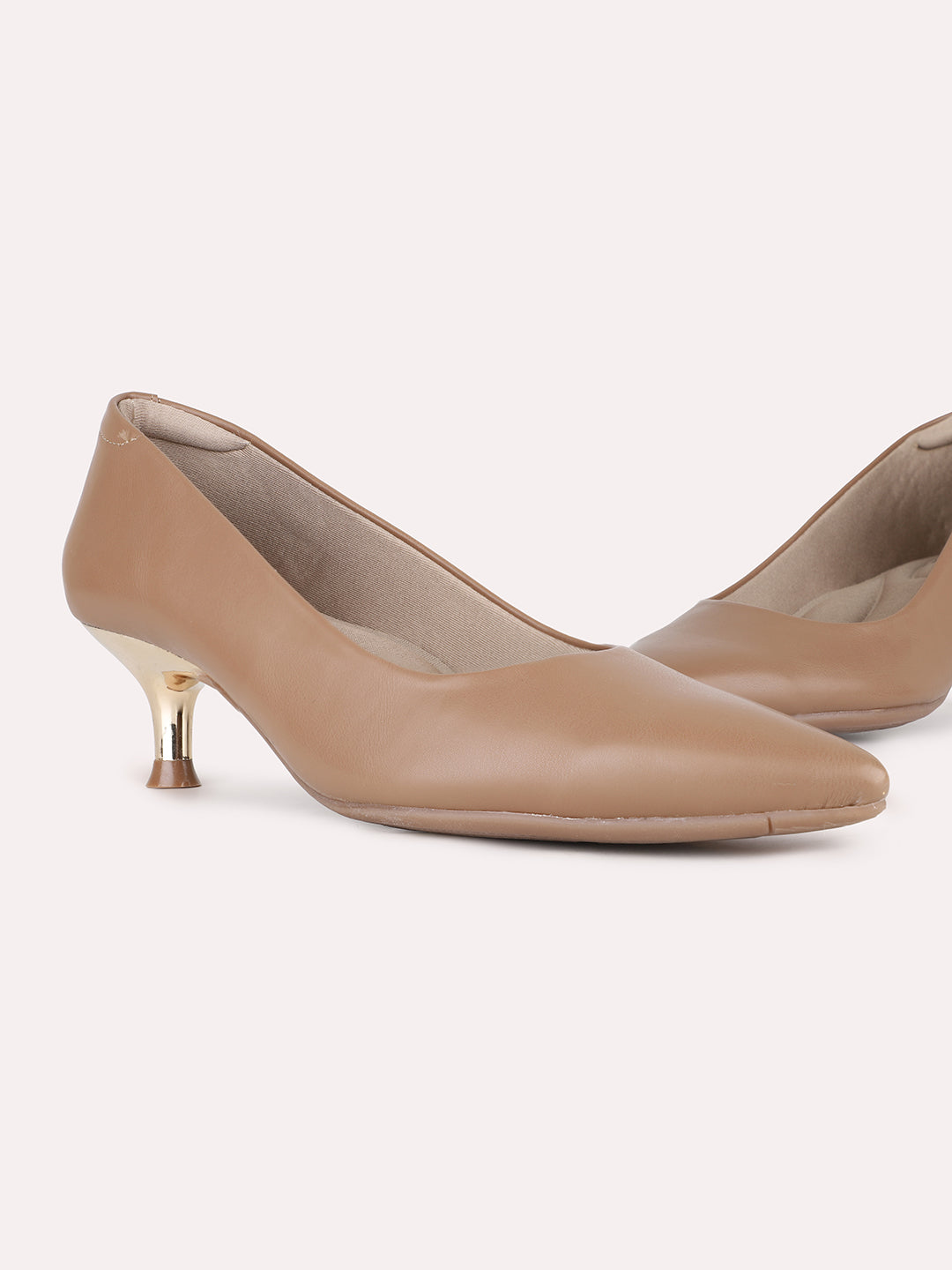 Women Beige Party Wear Solid Pattern Pointed Toe Kitten Heel Pumps