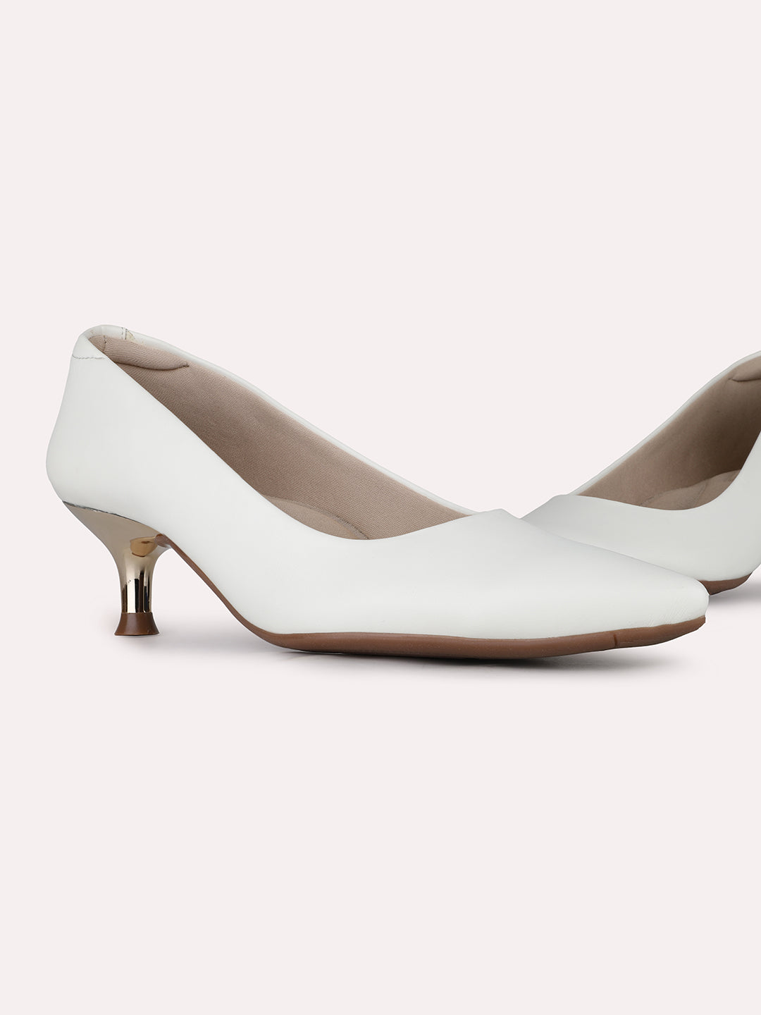 Women White Party Wear Solid Pointed Kitten Heel Pumps