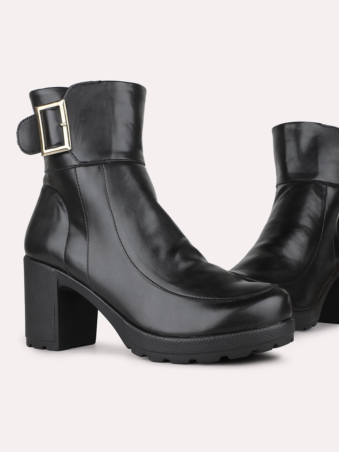 Women Black Party Wear Solid Round Toe Block Heel Ankle Boots