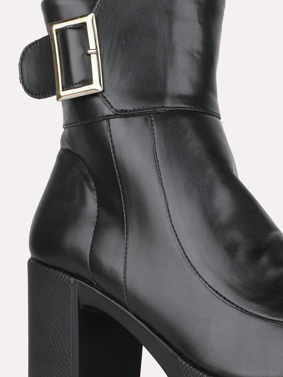 Women Black Party Wear Solid Round Toe Block Heel Ankle Boots
