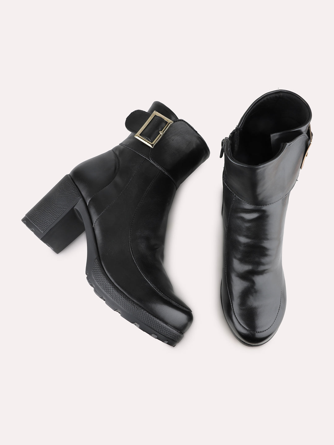 Women Black Party Wear Solid Round Toe Block Heel Ankle Boots