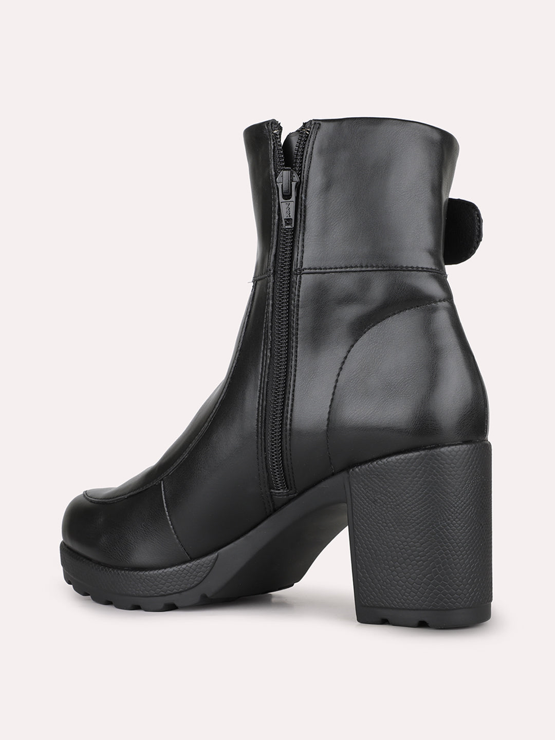 Women Black Party Wear Solid Round Toe Block Heel Ankle Boots