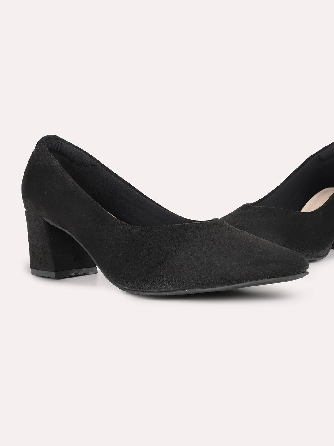 Women Black Party Wear Solid Pointed Toe Block Heel Pump Shoes