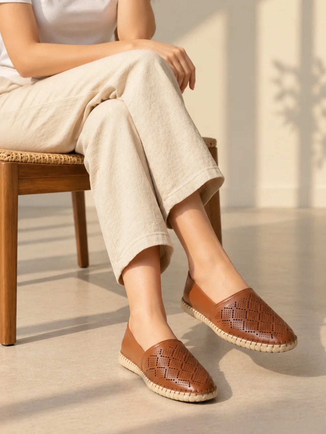 Womens Tan Casual Embellished Round Toe Loafers