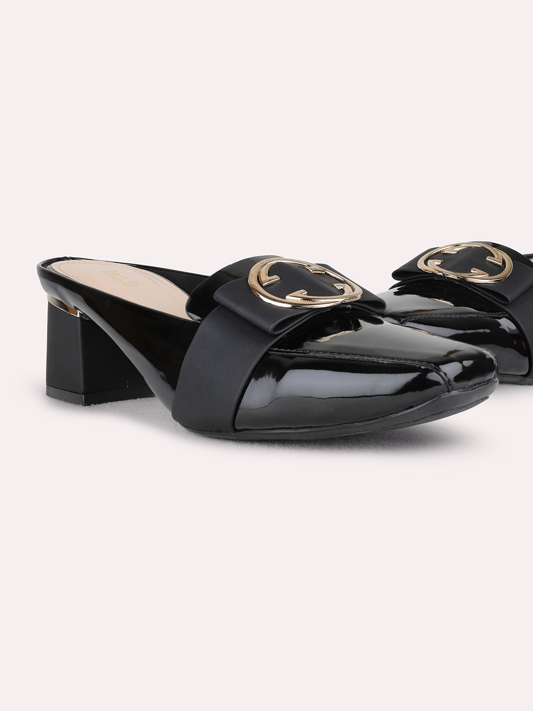 Womens Black Party Wear Solid Round Toe Block Heel Mules