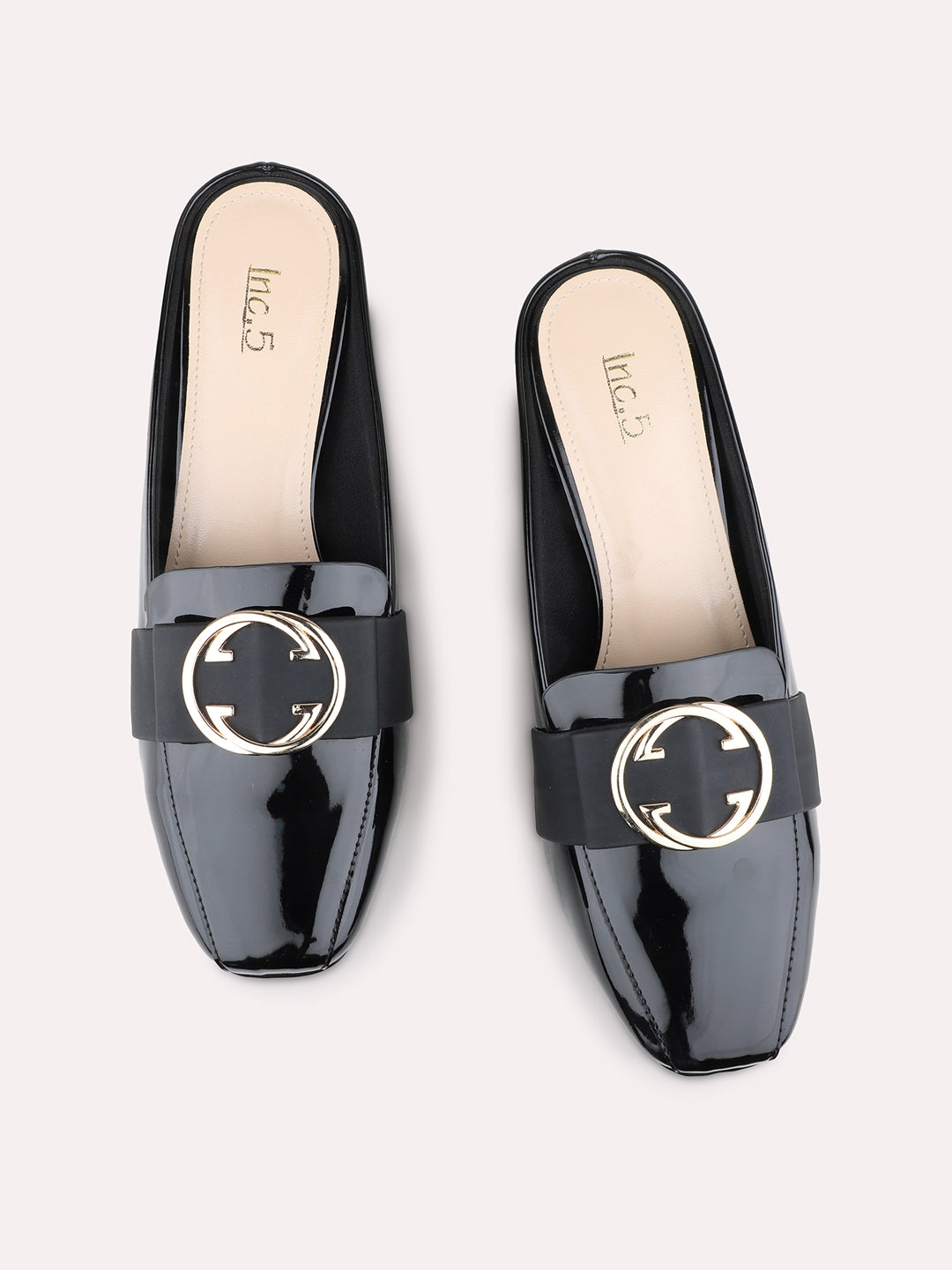 Womens Black Party Wear Solid Round Toe Block Heel Mules