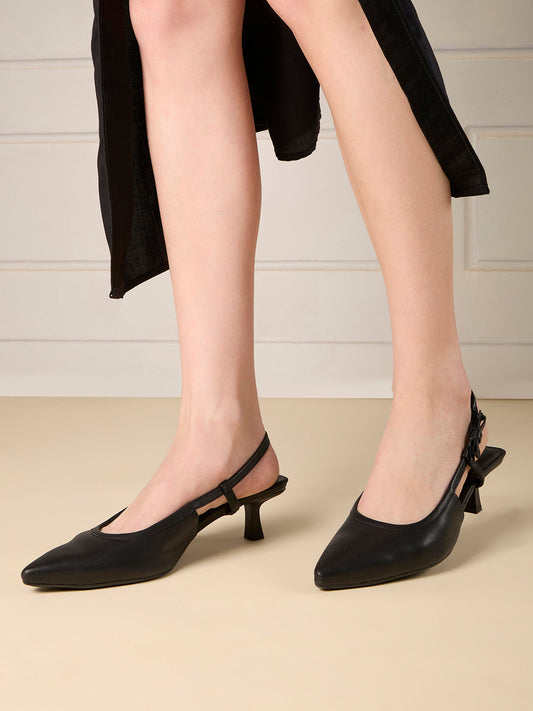 Womens Black Party Wear Solid Pointed Toe Kitten Heel Mules