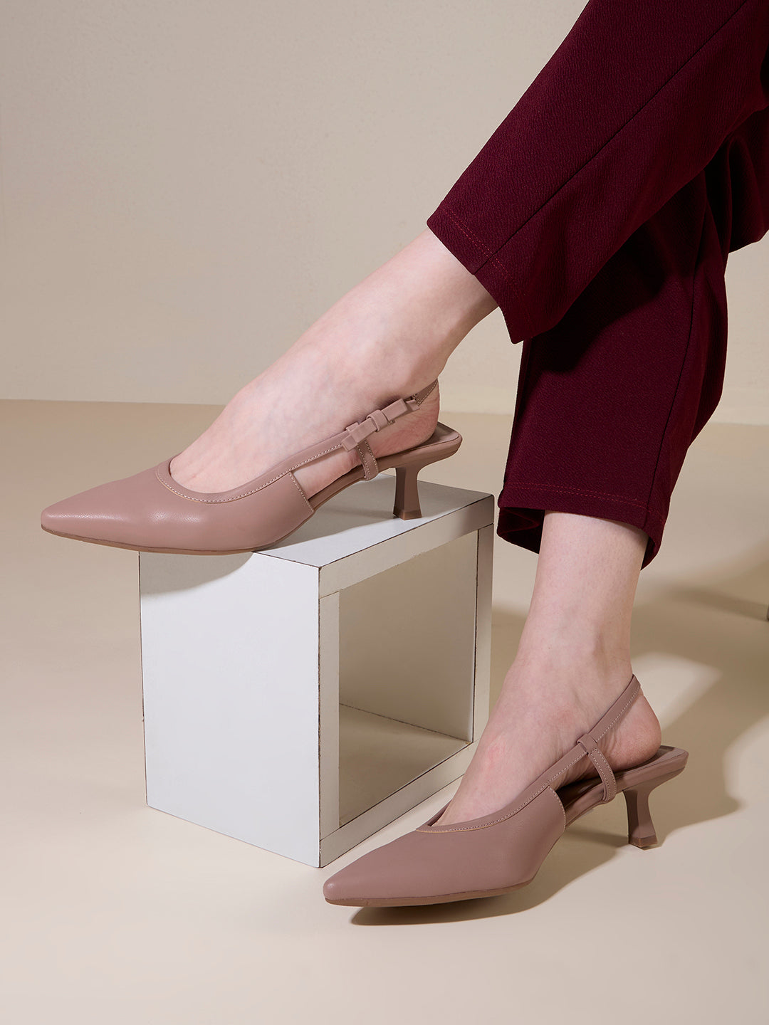 Womens Nude Party Wear Solid Pointed Toe Kitten Heel Mules