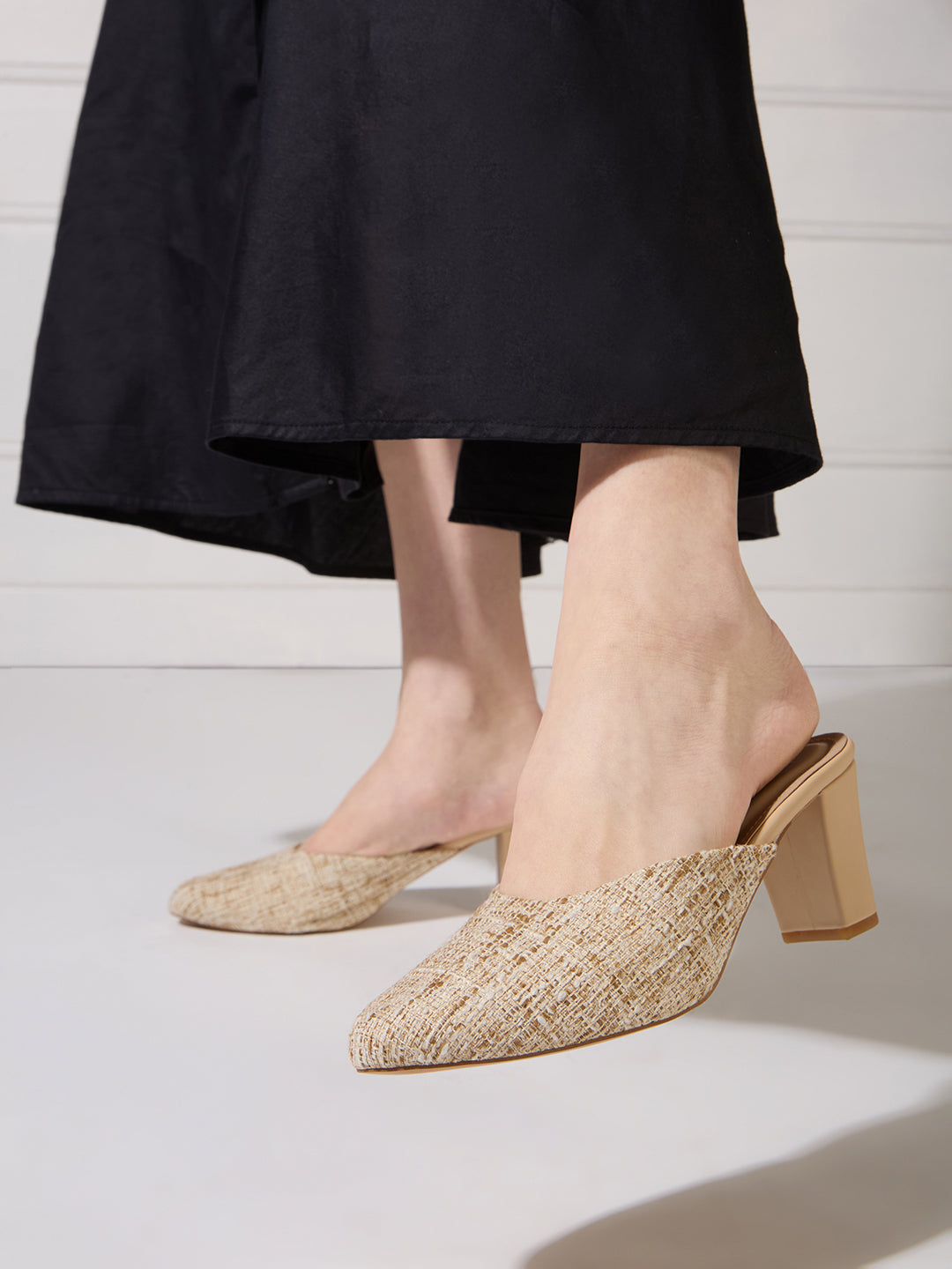 Women Beige Party Wear Printed Pointed Block Heel Mules