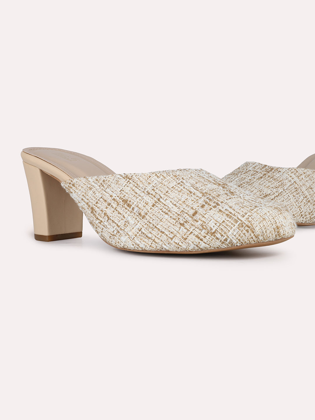 Women Beige Party Wear Printed Pointed Block Heel Mules