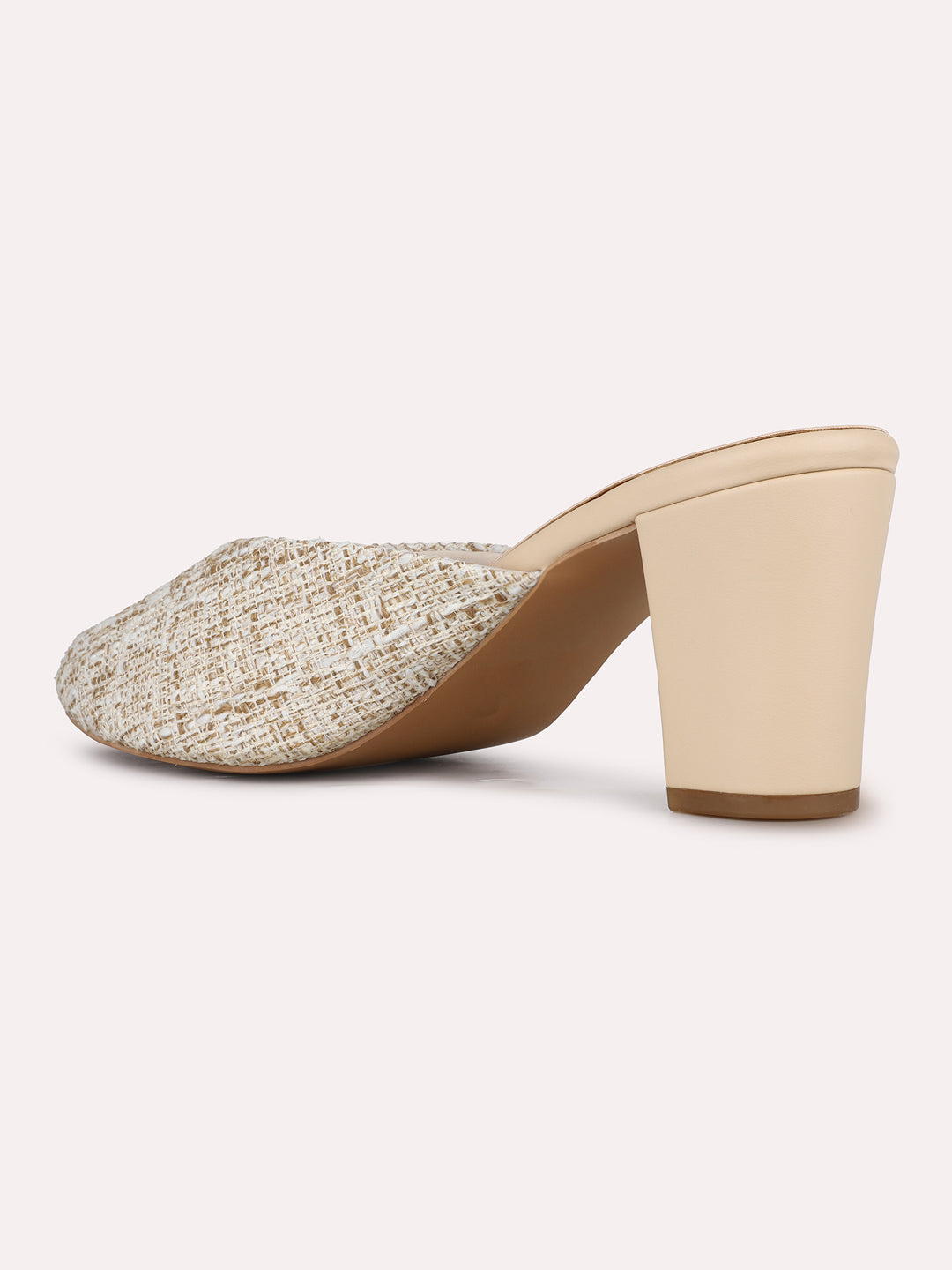 Buy Now Women Beige Party Wear Printed Pointed Block Heel Mules - Main Image