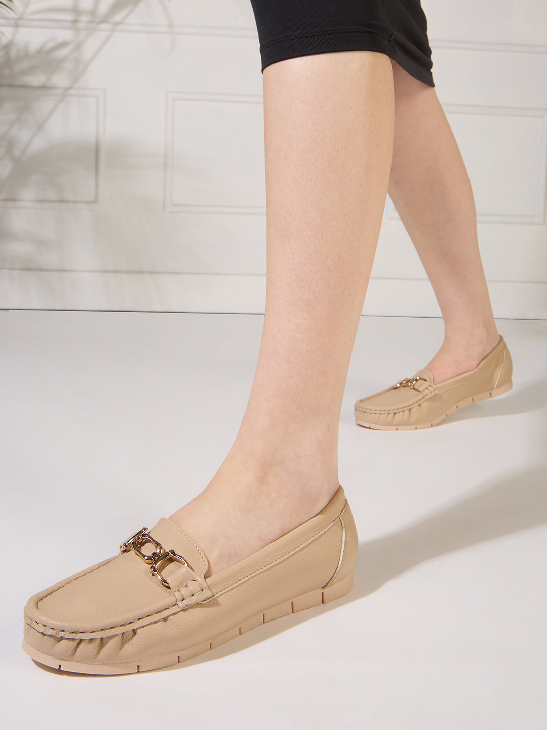 Womens Beige Party Wear Solid Round Toe Loafers