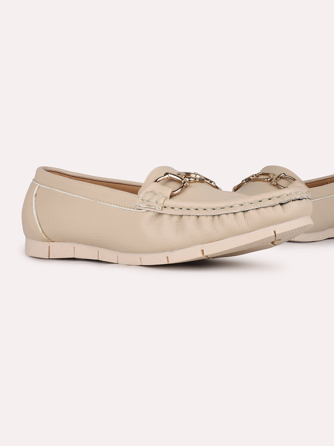 Womens Beige Party Wear Solid Round Toe Loafers