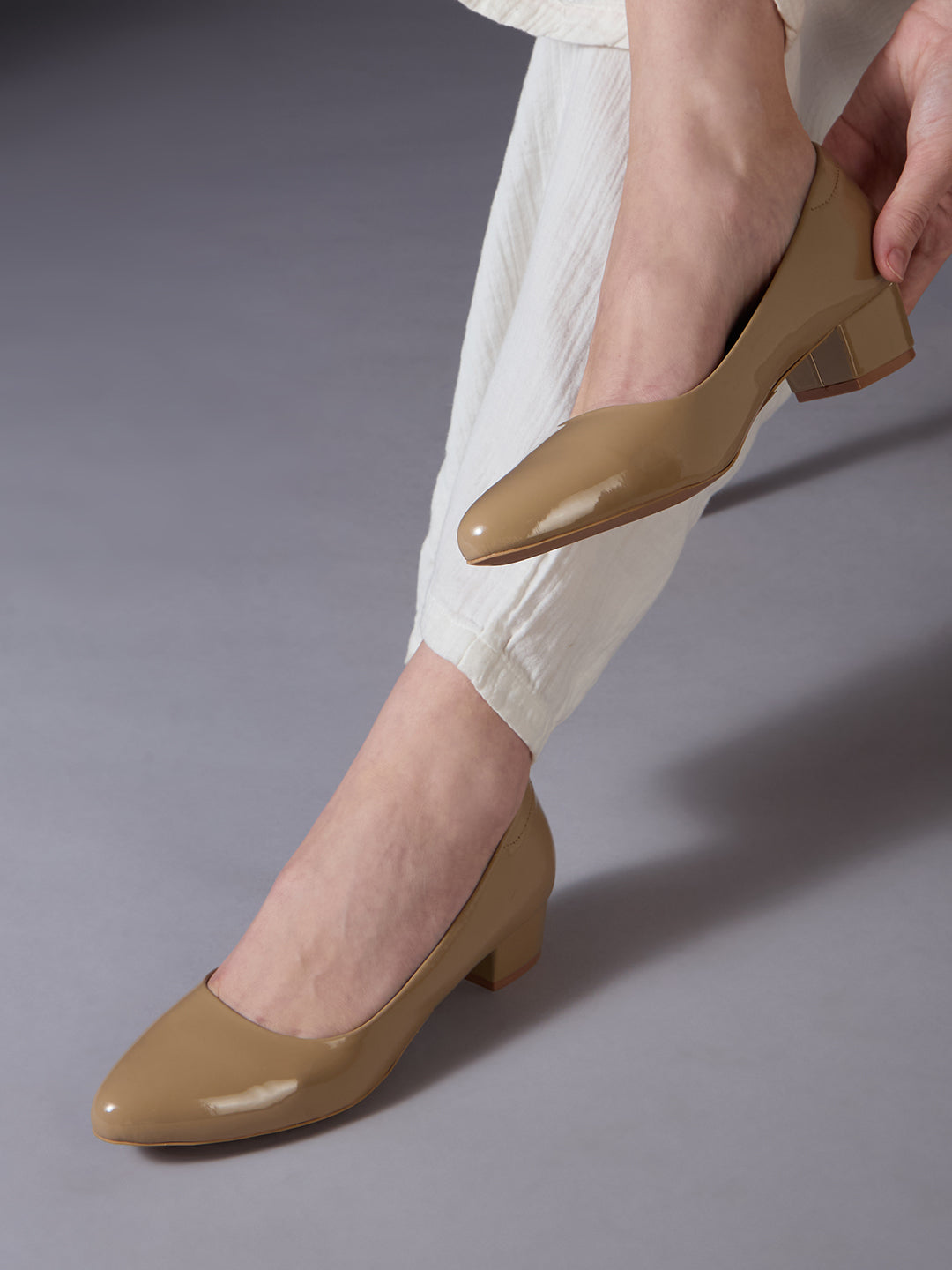 Women Beige Casual Wear Solid Pointed Block Heel Pumps