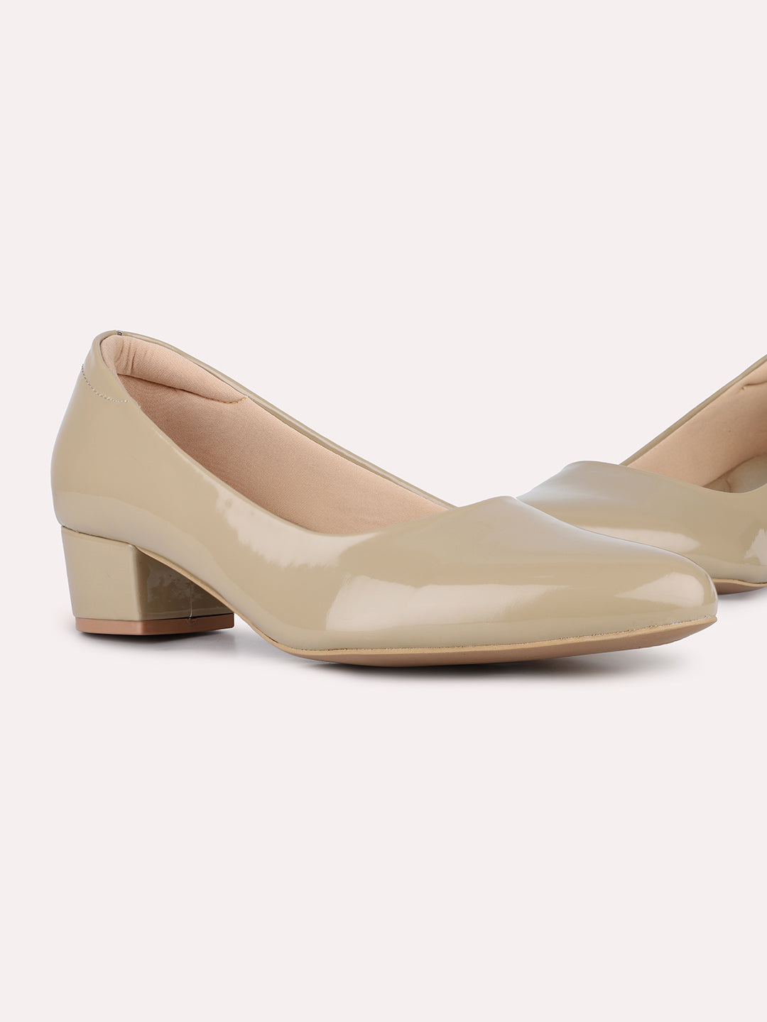 Women Beige Casual Wear Solid Pointed Block Heel Pumps