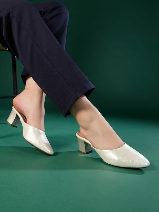 Womens Silver Party Wear Solid Pointed Toe Block Heels
