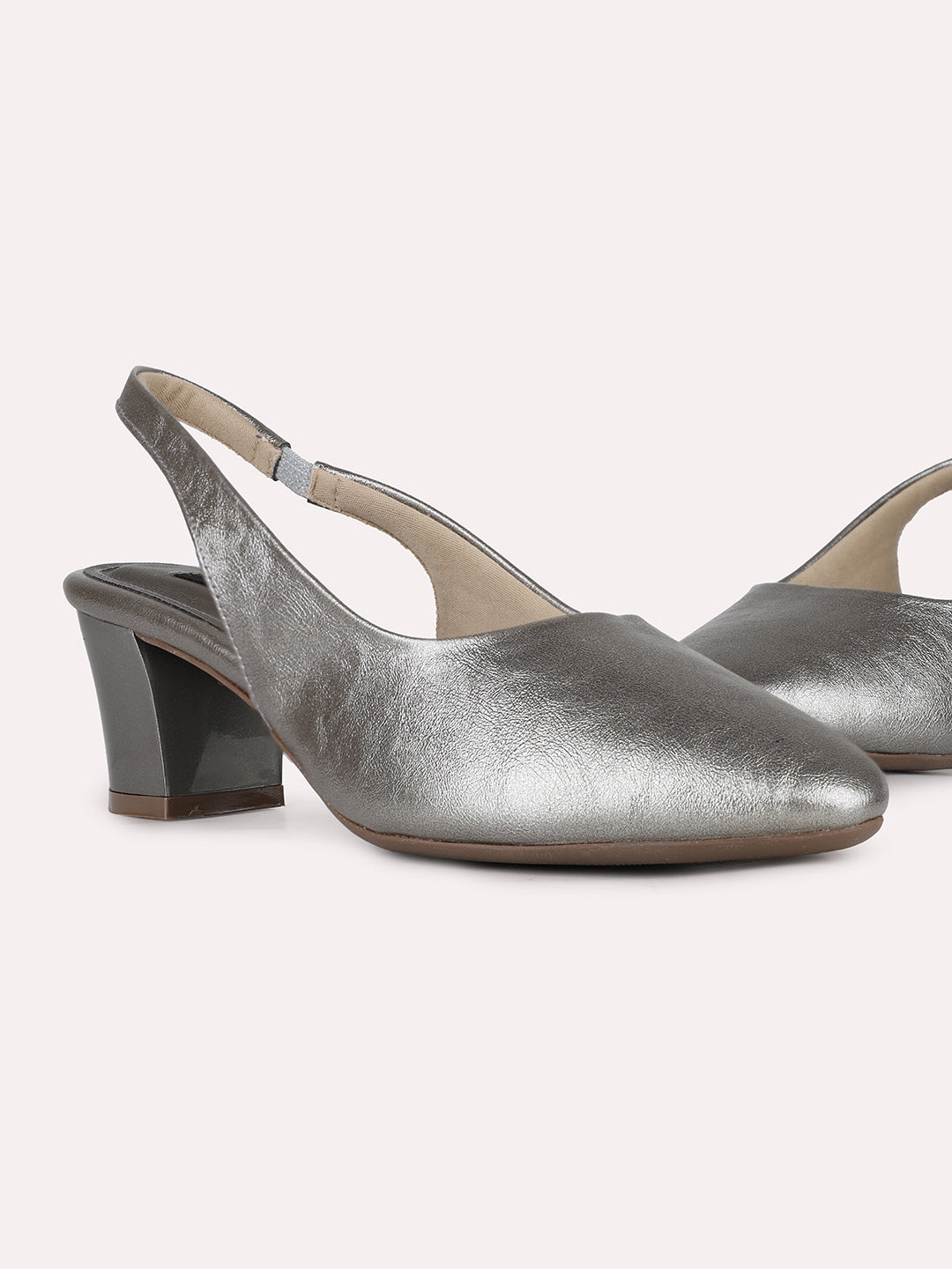 Womens Pewter Party Wear Solid Pointed Toe Block Heel Mules