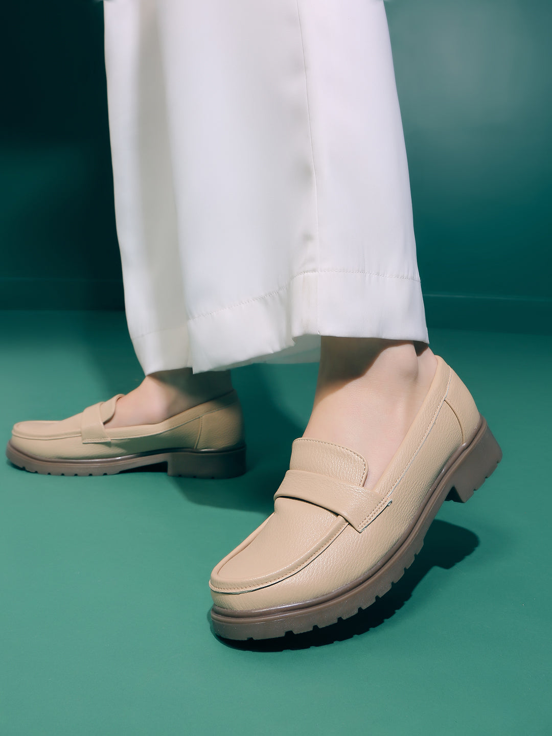 Women Beige Casual Solid Round Toe Loafers