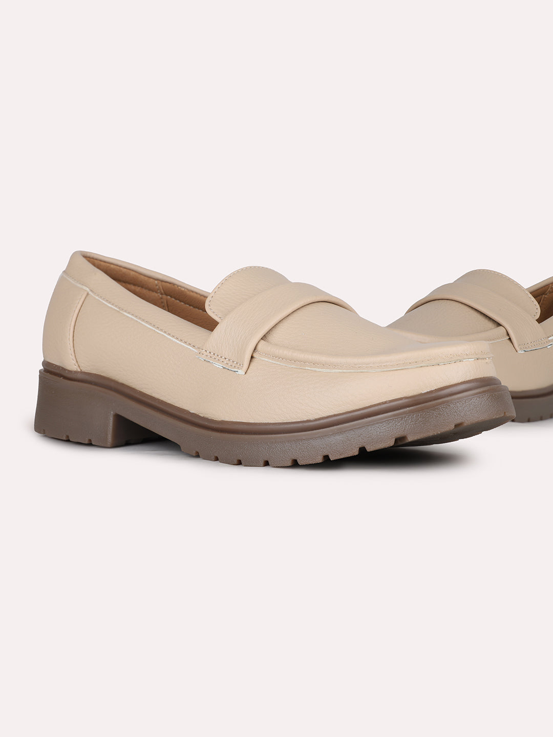 Women Beige Casual Solid Round Toe Loafers