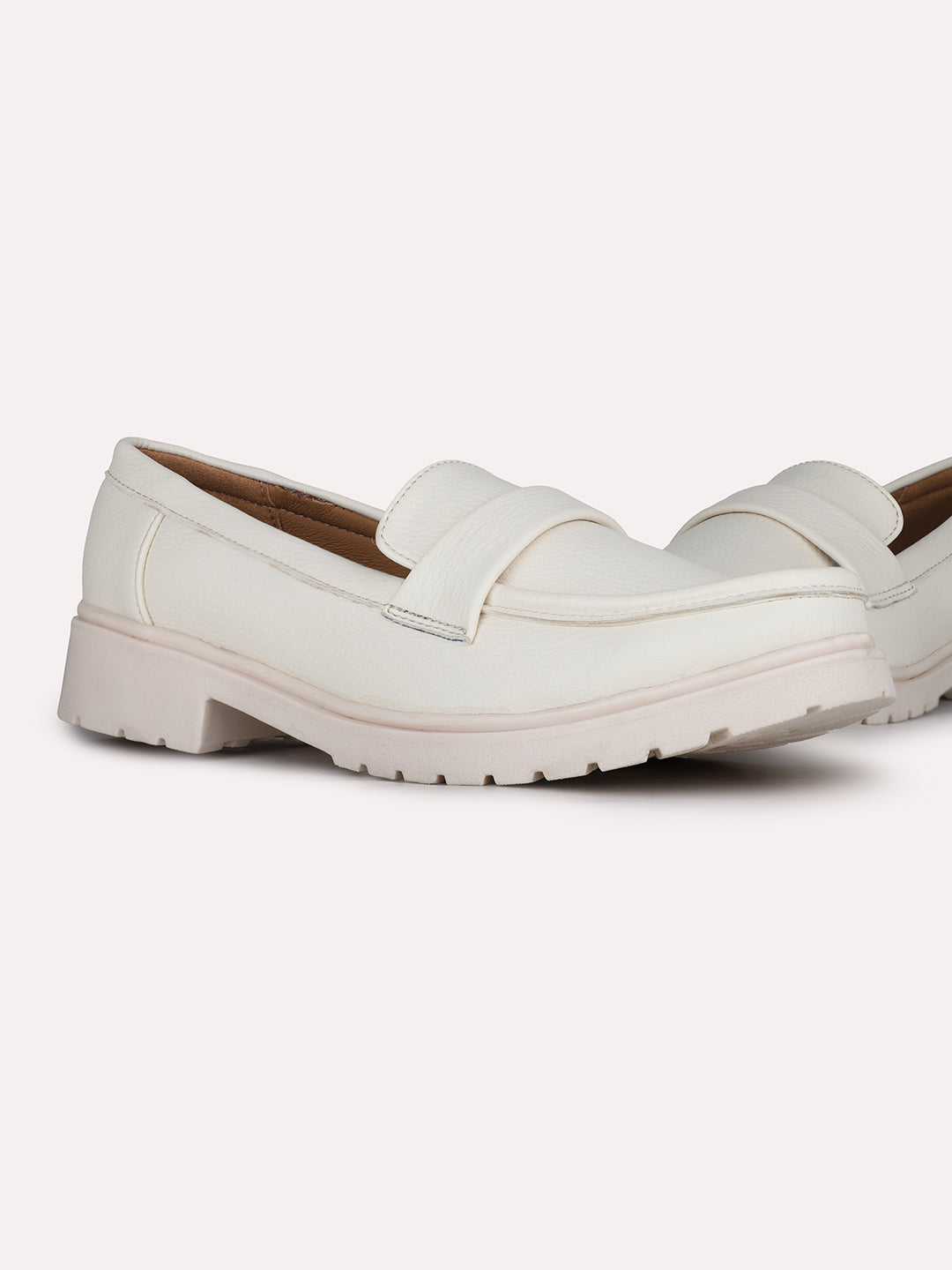 Women Cream Casual Solid Round Toe Loafers