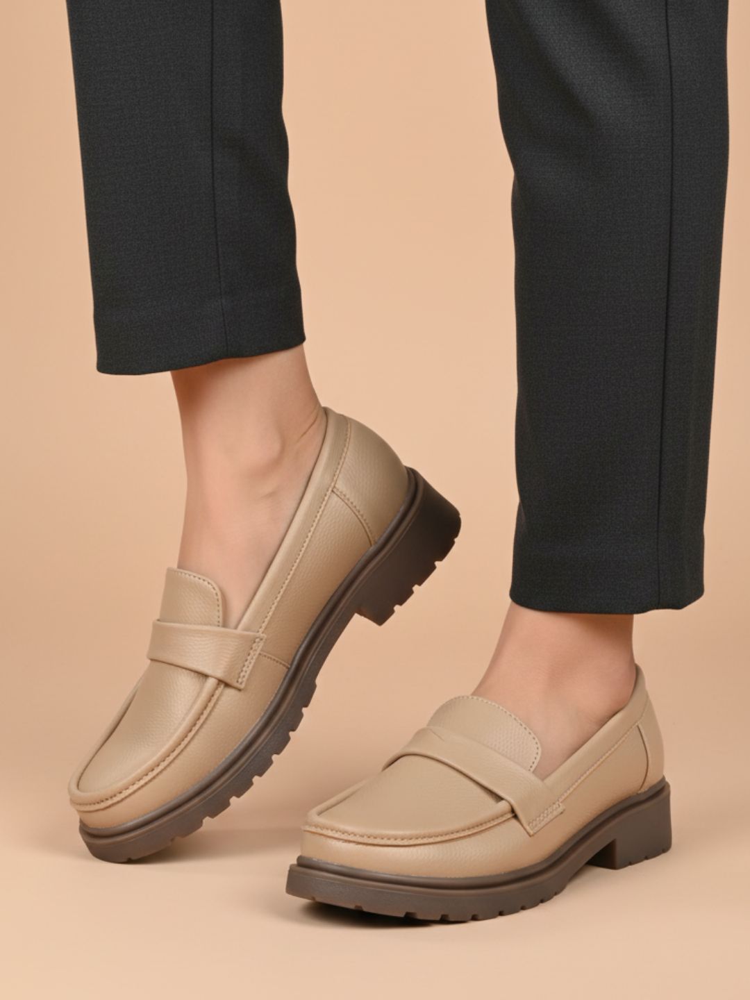 Womens Beige Casual Solid Round Toe Loafers