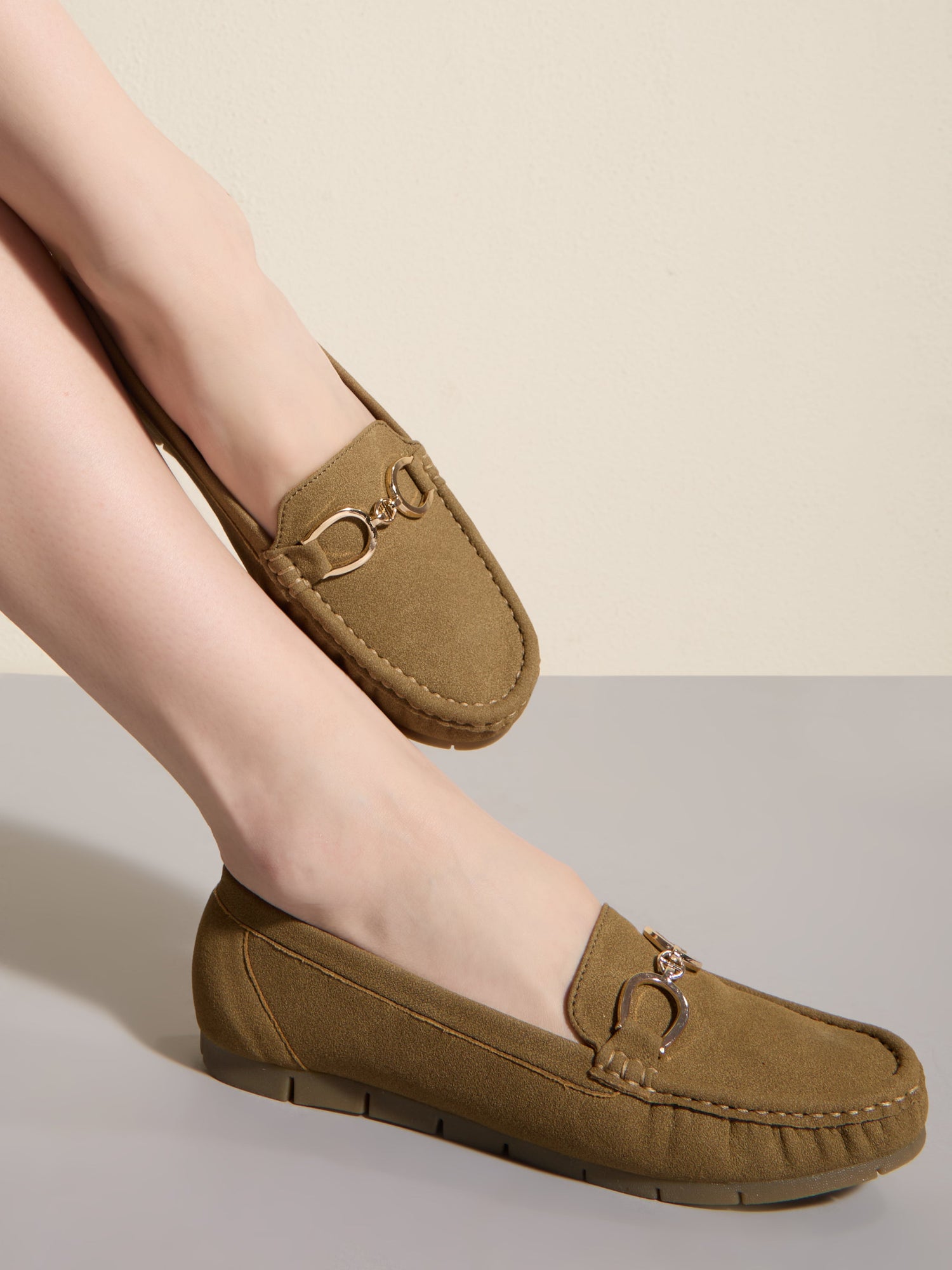 Womens Cream Casual Solid Round Toe Loafer Shoes