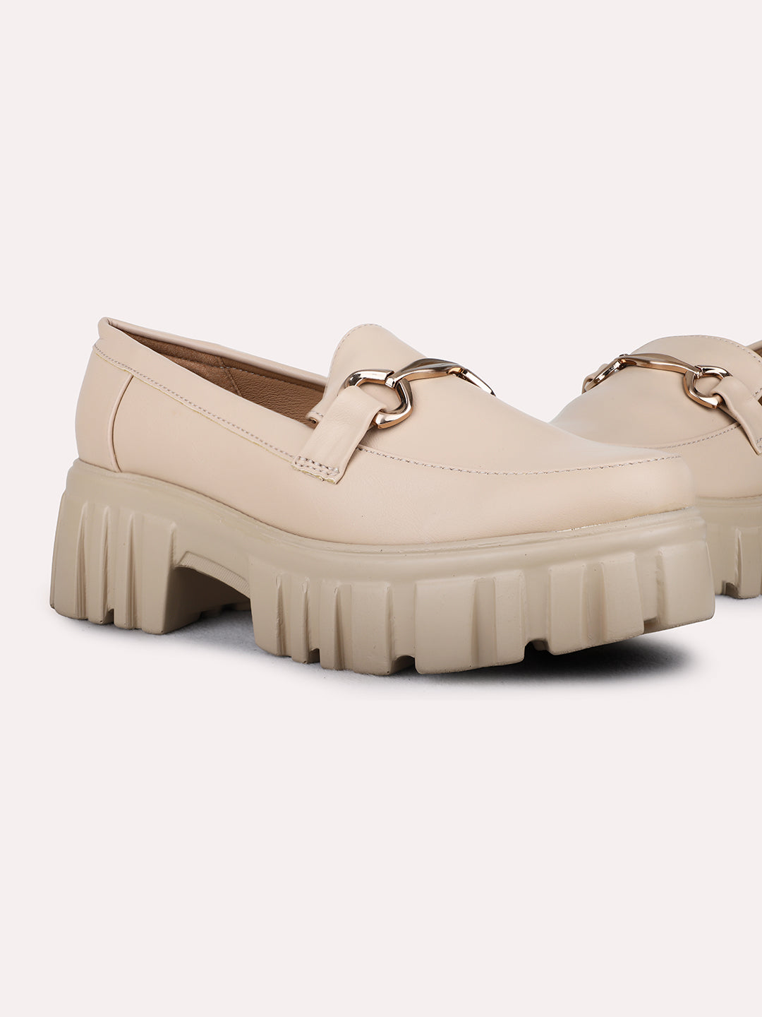 Womens Beige Party Wear Solid Round Toe Moccasin Shoes