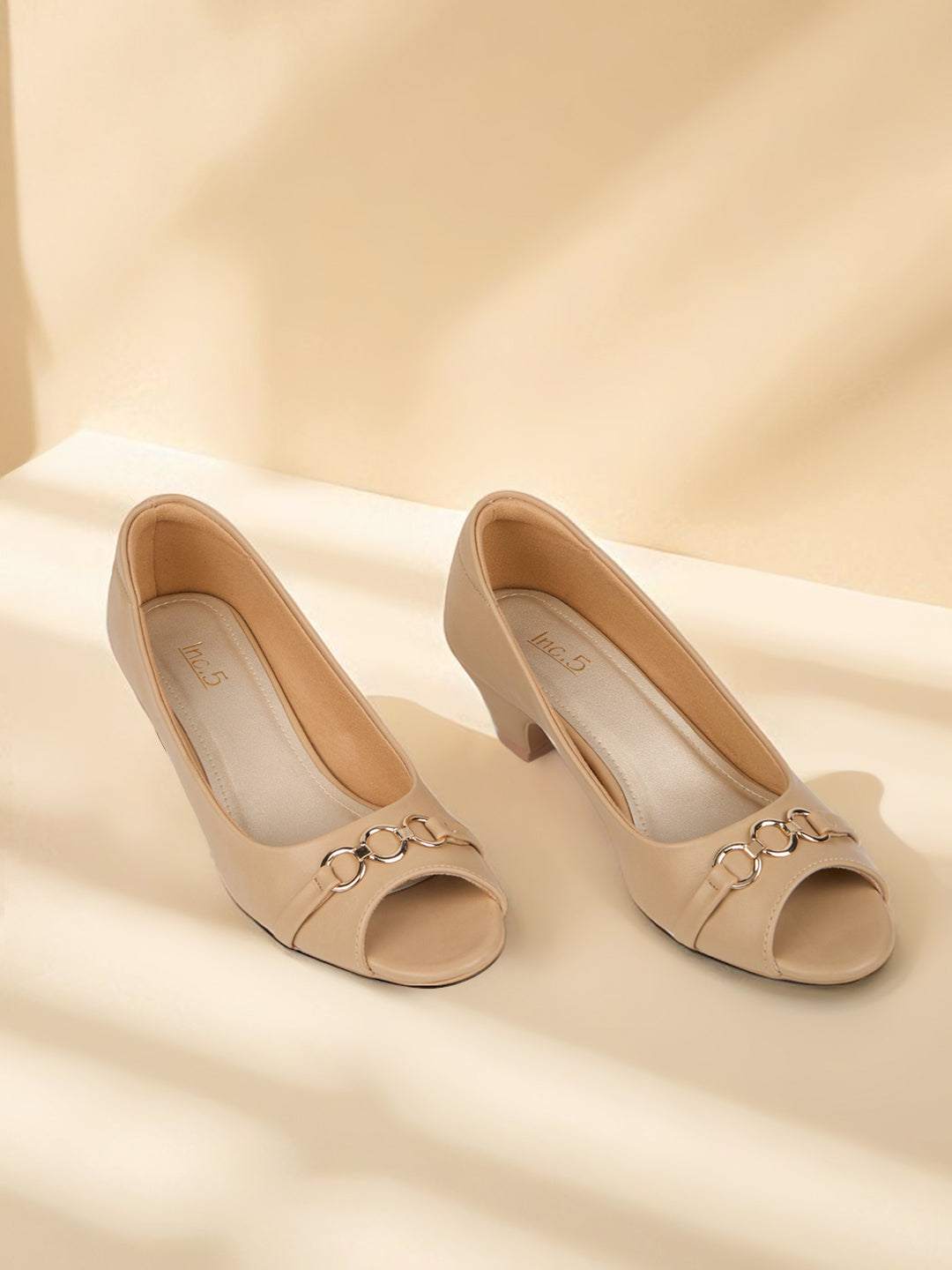 Women Beige Casual Solid Pointed Block Heel Pumps