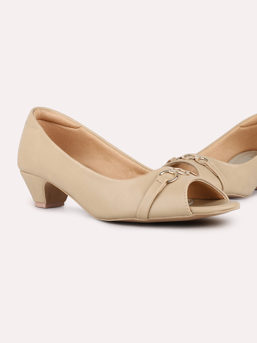 Women Beige Casual Solid Pointed Block Heel Pumps