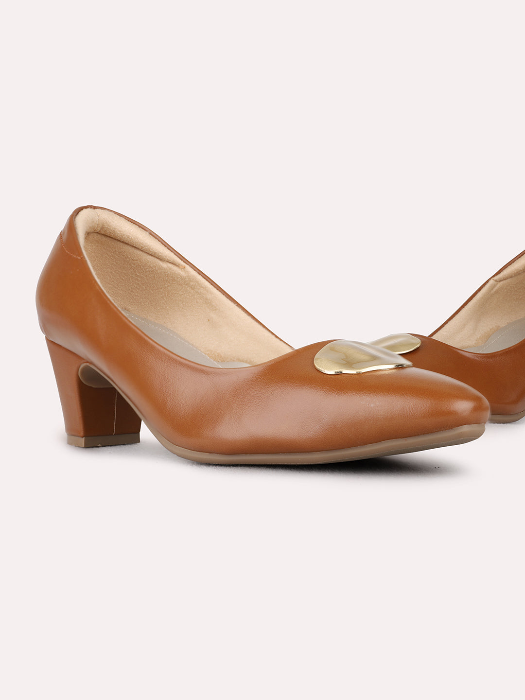 Womens Tan Party Wear Solid Pattern Pointed Toe Block Heel Pumps