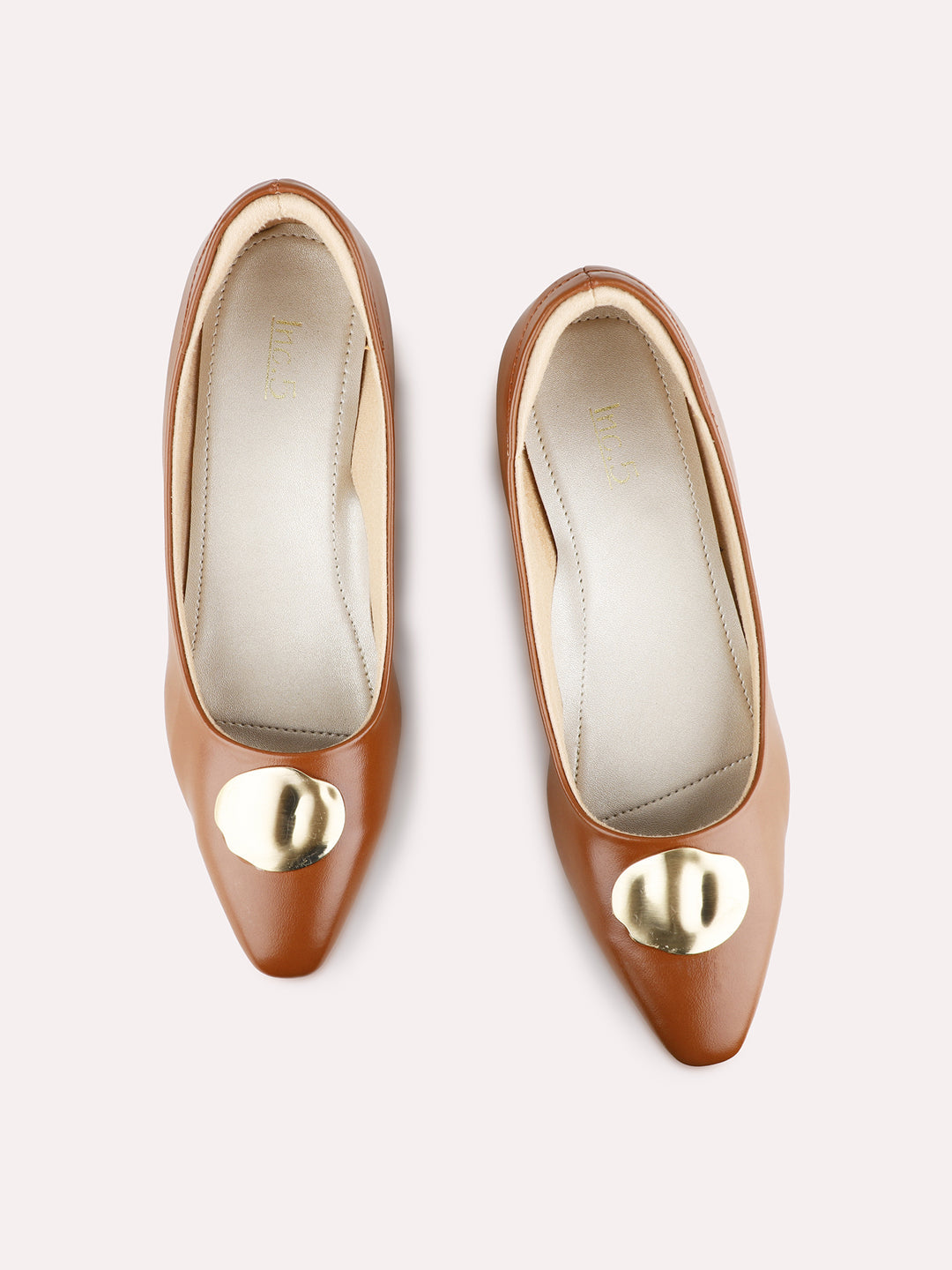 Womens Tan Party Wear Solid Pattern Pointed Toe Block Heel Pumps