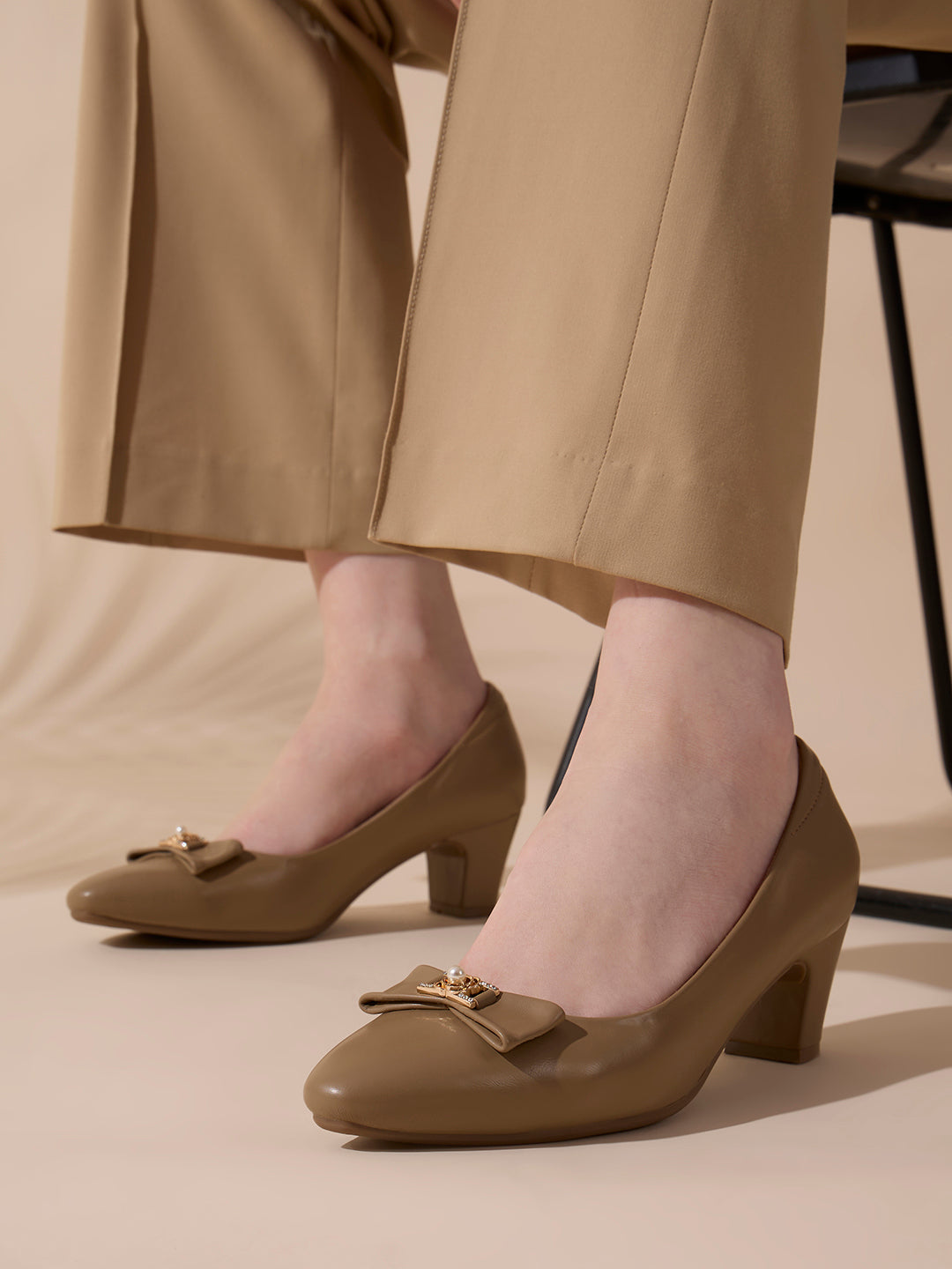 Womens Beige Party Wear Solid Pattern Pointed Toe Block Heel Pumps