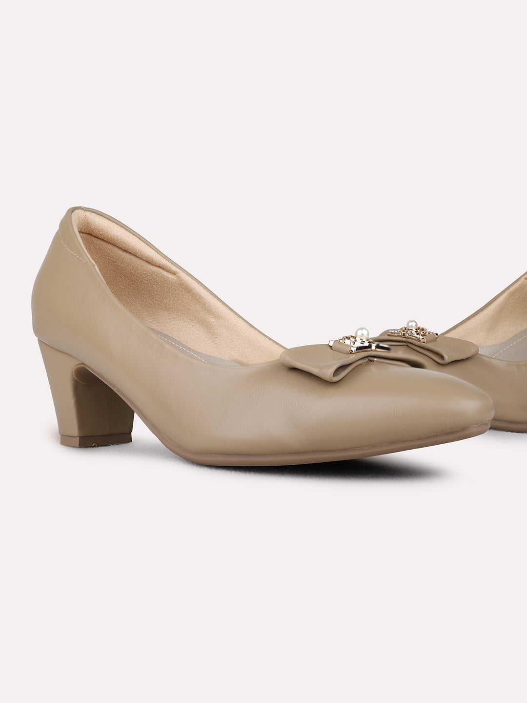 Womens Beige Party Wear Solid Pattern Pointed Toe Block Heel Pumps