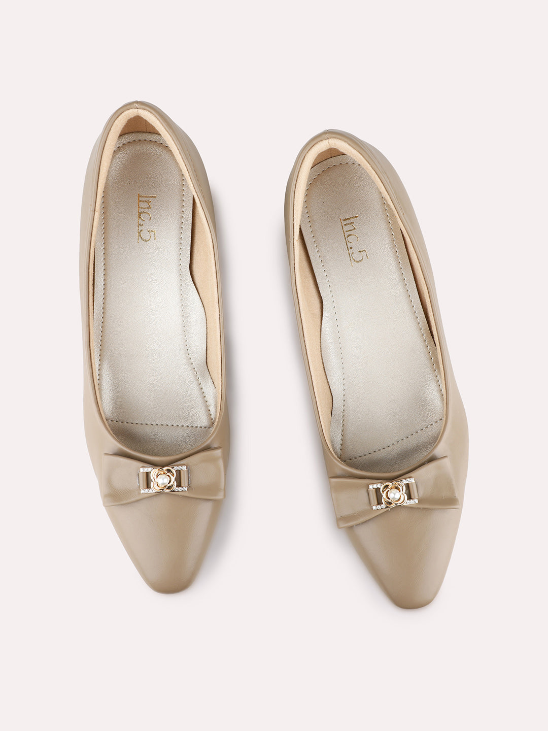 Womens Beige Party Wear Solid Pattern Pointed Toe Block Heel Pumps