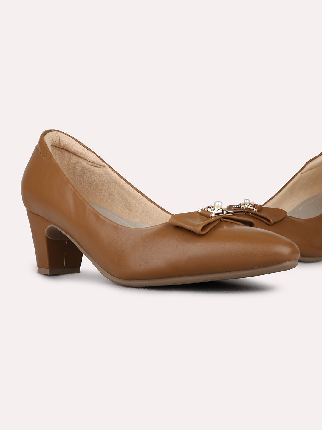 Womens Tan Party Wear Solid Pattern Block Heel Pumps