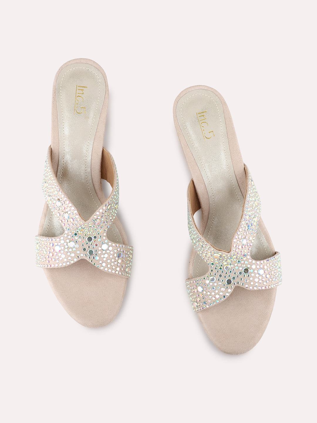 Womens Beige Ethnic Wear Embellished Square Toe Block Heels