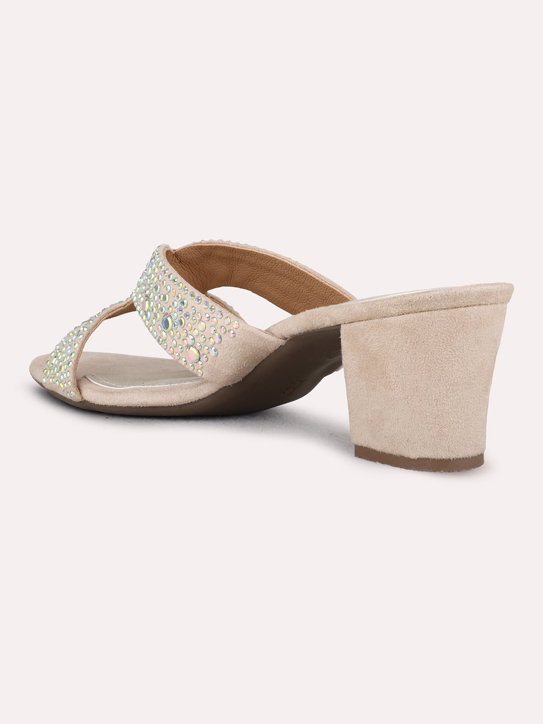 Womens Beige Ethnic Wear Embellished Square Toe Block Heels
