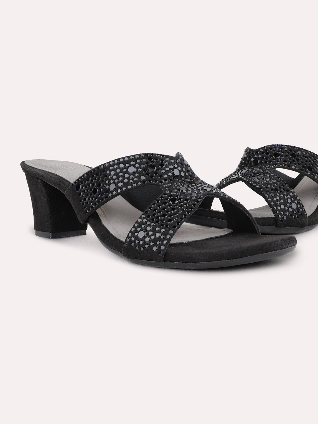 Womens Black Party Wear Embellished Block Heel Sandals