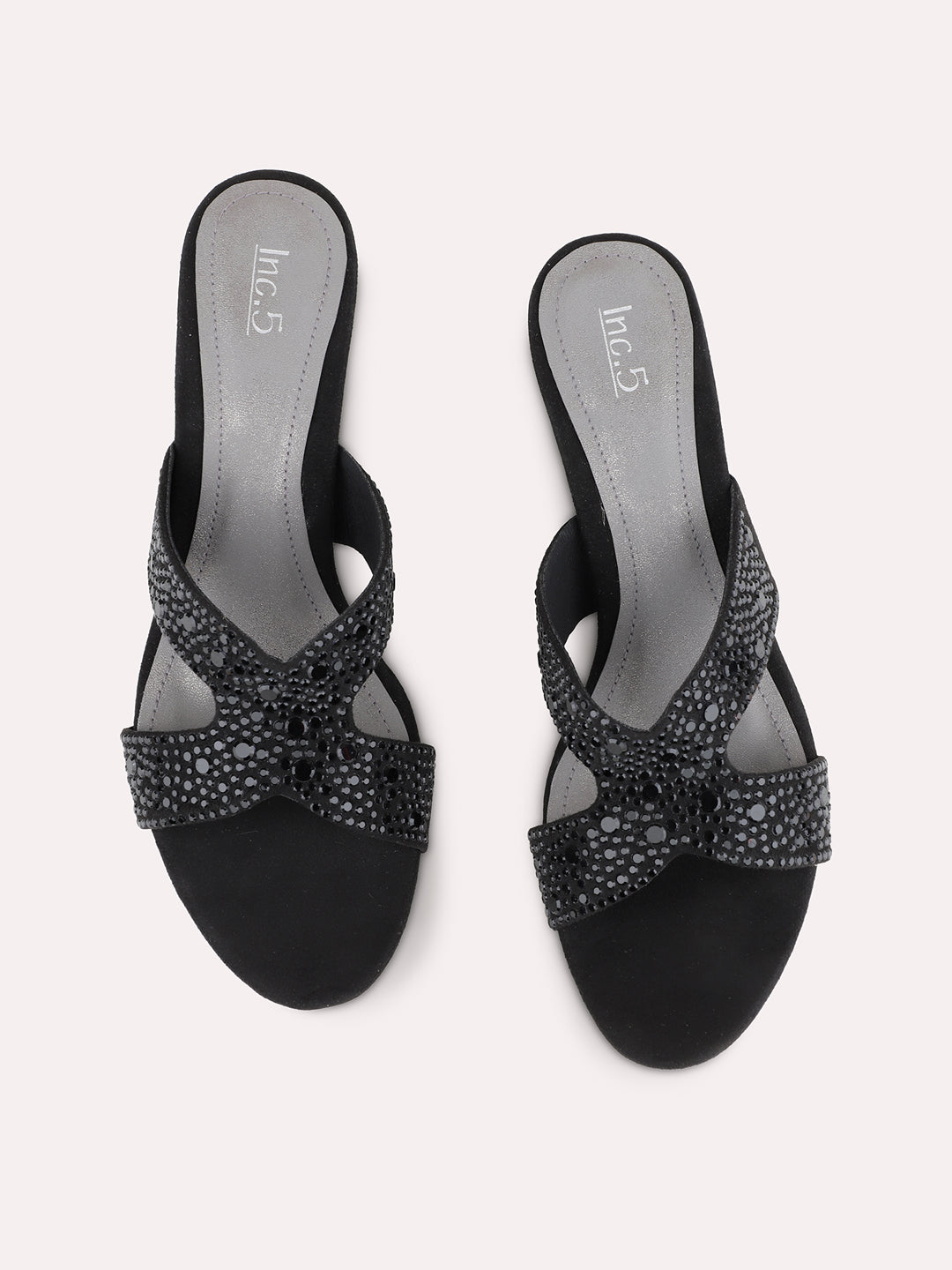 Womens Black Party Wear Embellished Block Heel Sandals