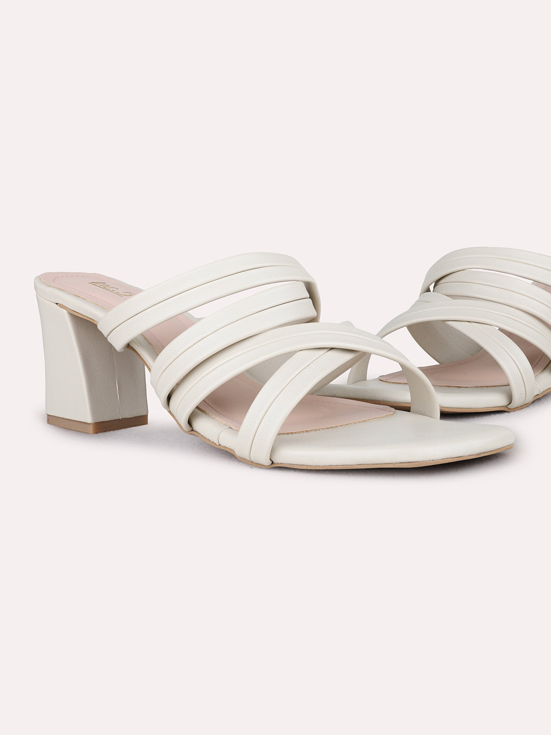 Womens Cream Party Wear Striped Block Heel Sandals