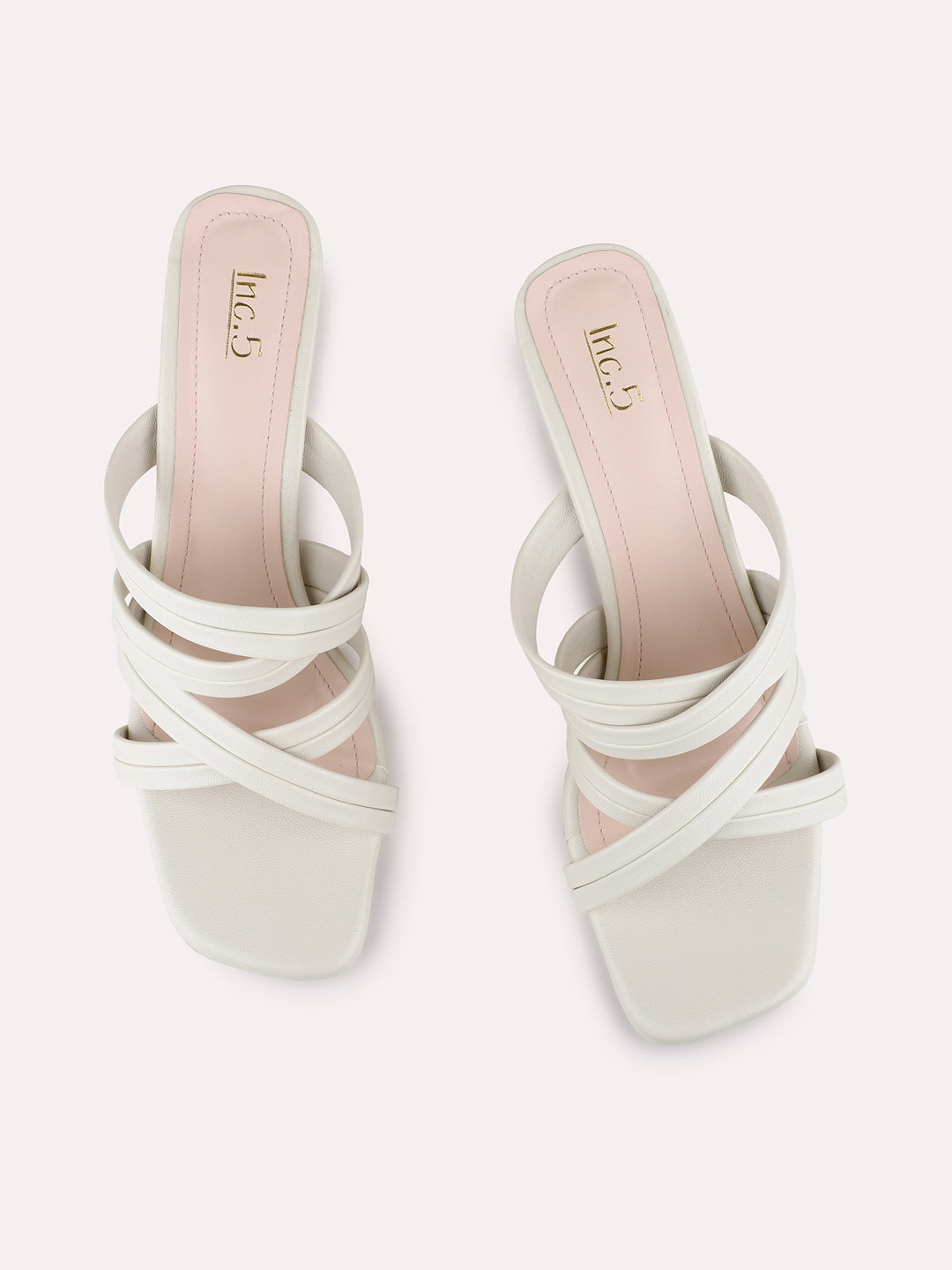 Womens Cream Party Wear Striped Block Heel Sandals