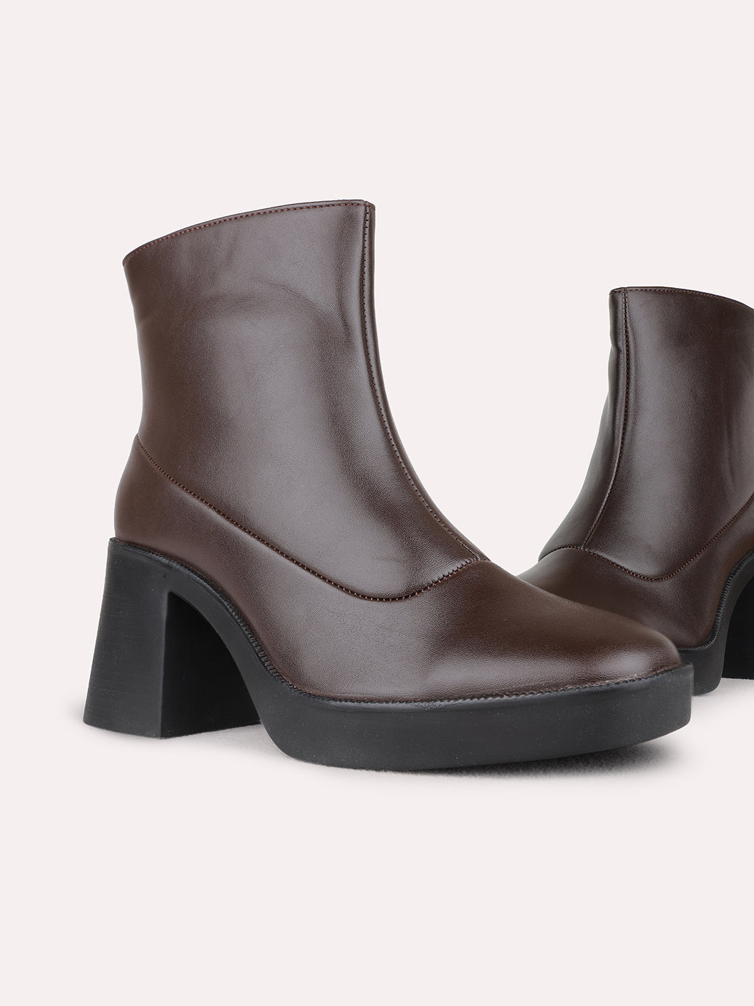 Womens Brown Casual Solid Round Toe Block Heel Boots