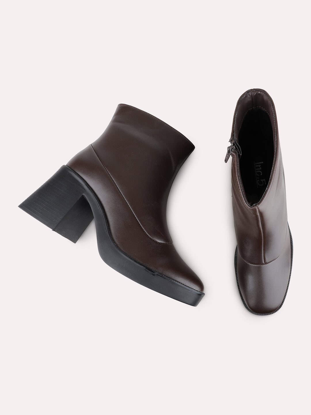 Womens Brown Casual Solid Round Toe Block Heel Boots